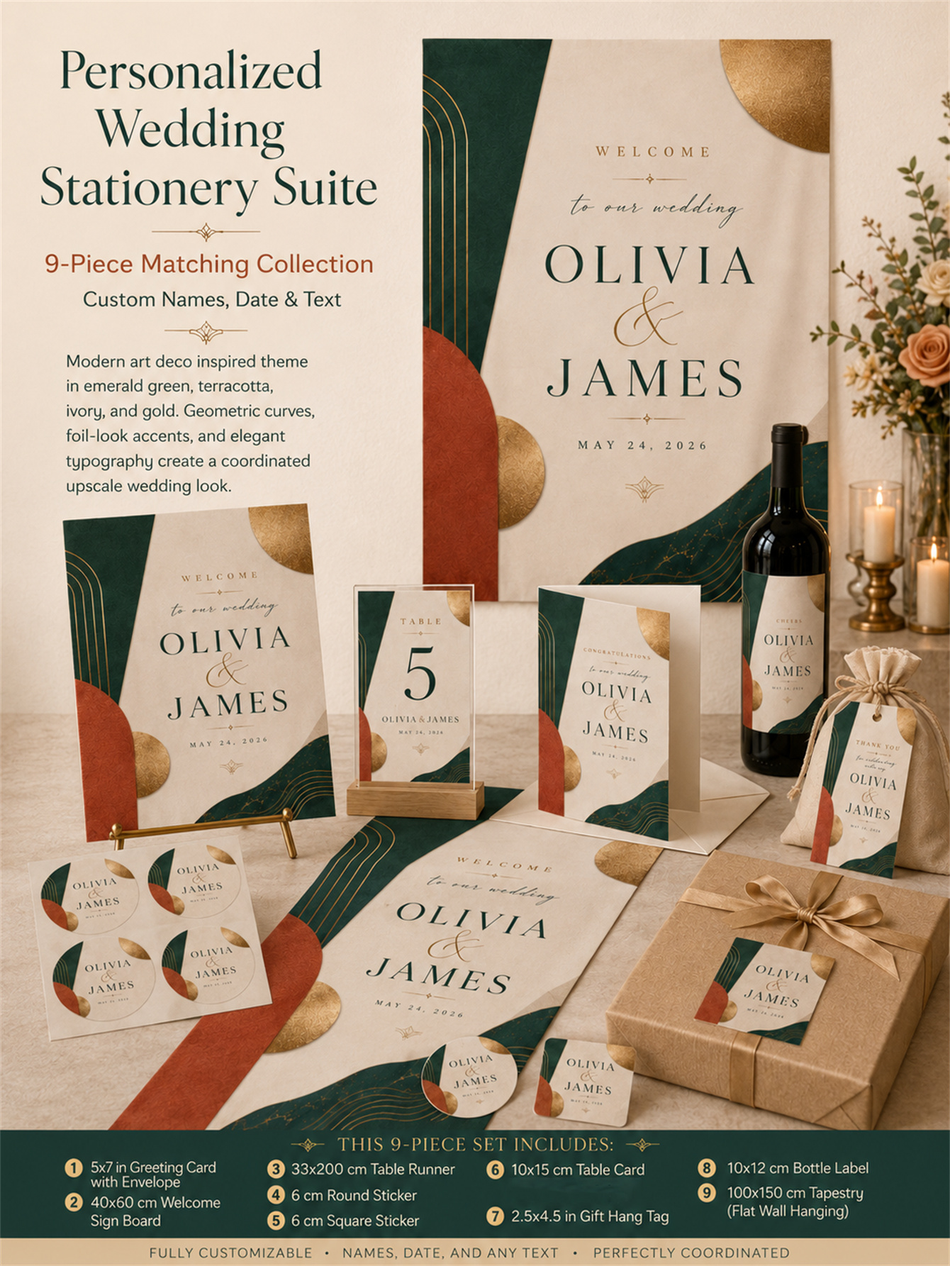 Emerald green and terracotta rust wedding decorations - abstract curved shapes for a modern and luxurious wedding - custom names and dates